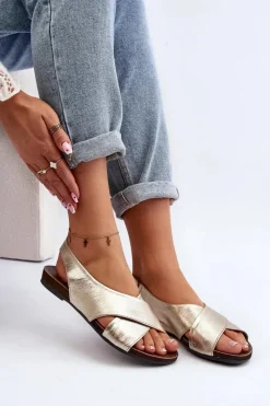 Hot 40407 Sandały Skórzane Damskie Złote Damskie Sandały Płaskie