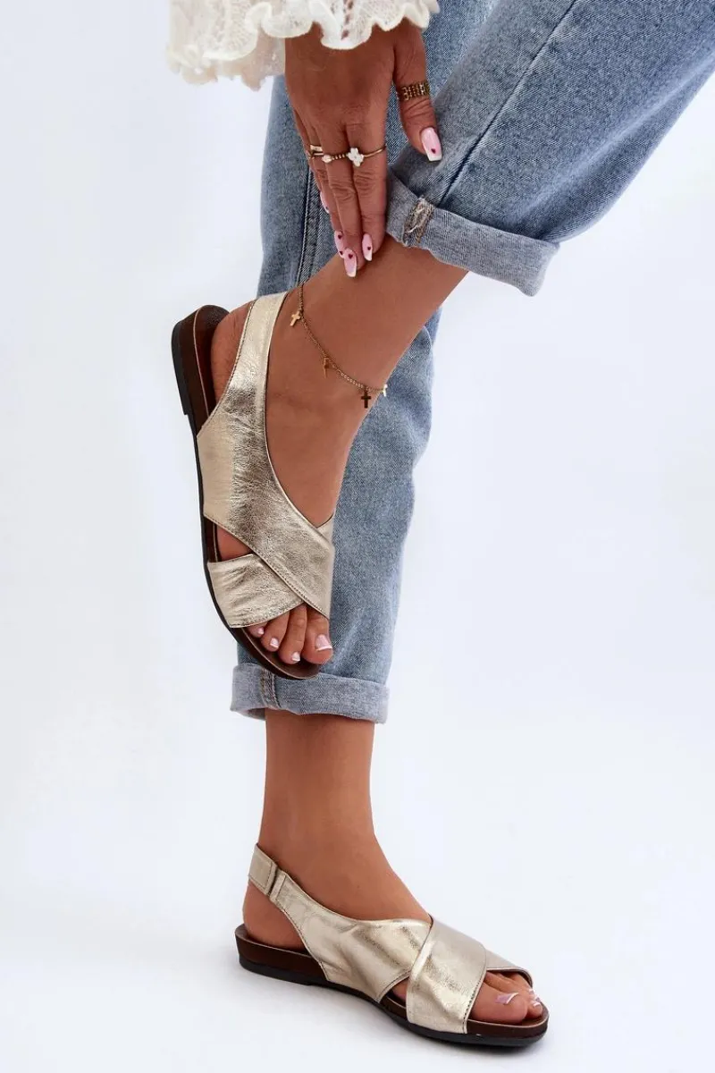 Hot 40407 Sandały Skórzane Damskie Złote Damskie Sandały Płaskie