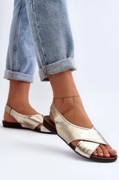 Hot 40407 Sandały Skórzane Damskie Złote Damskie Sandały Płaskie