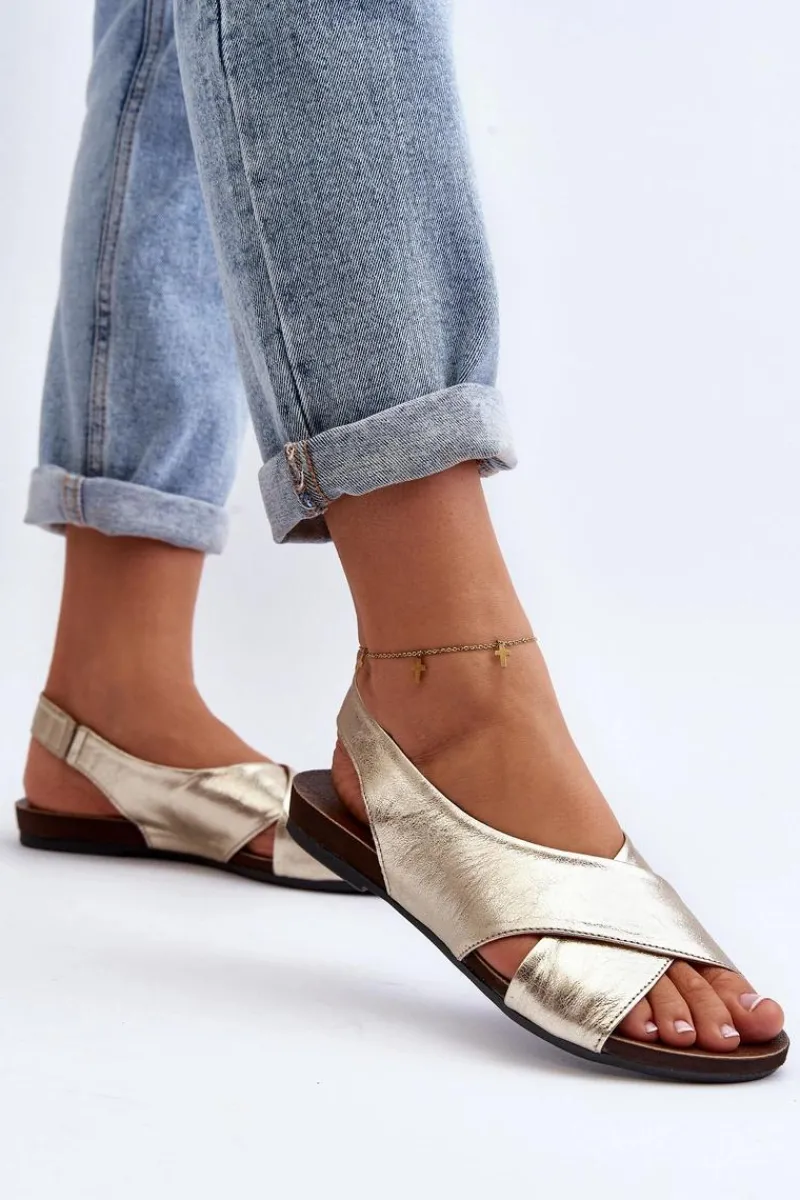 Hot 40407 Sandały Skórzane Damskie Złote Damskie Sandały Płaskie