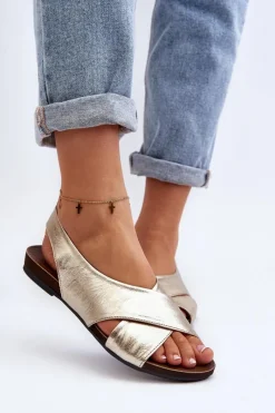 Hot 40407 Sandały Skórzane Damskie Złote Damskie Sandały Płaskie