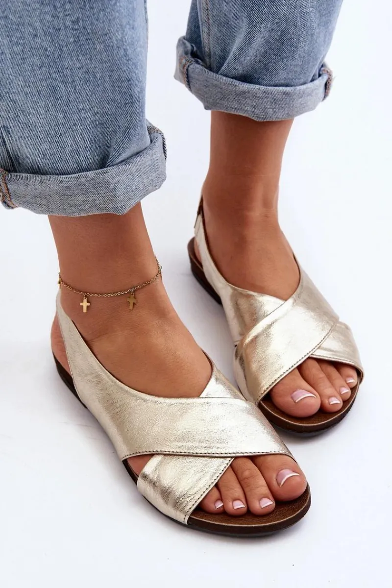 Hot 40407 Sandały Skórzane Damskie Złote Damskie Sandały Płaskie