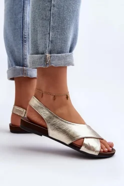 Hot 40407 Sandały Skórzane Damskie Złote Damskie Sandały Płaskie