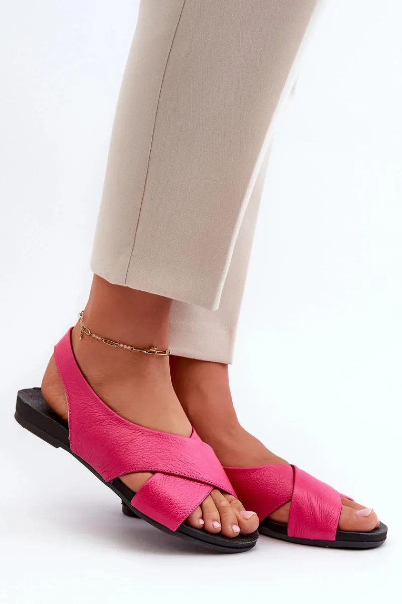40407 Sandały Skórzane Damskie Fuksja Damskie Sandały Płaskie
