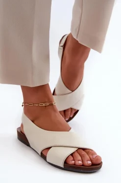 Sandały Płaskie>Zazoo 40407 Sandały Skórzane Damskie Jasnobeżowe Beżowy