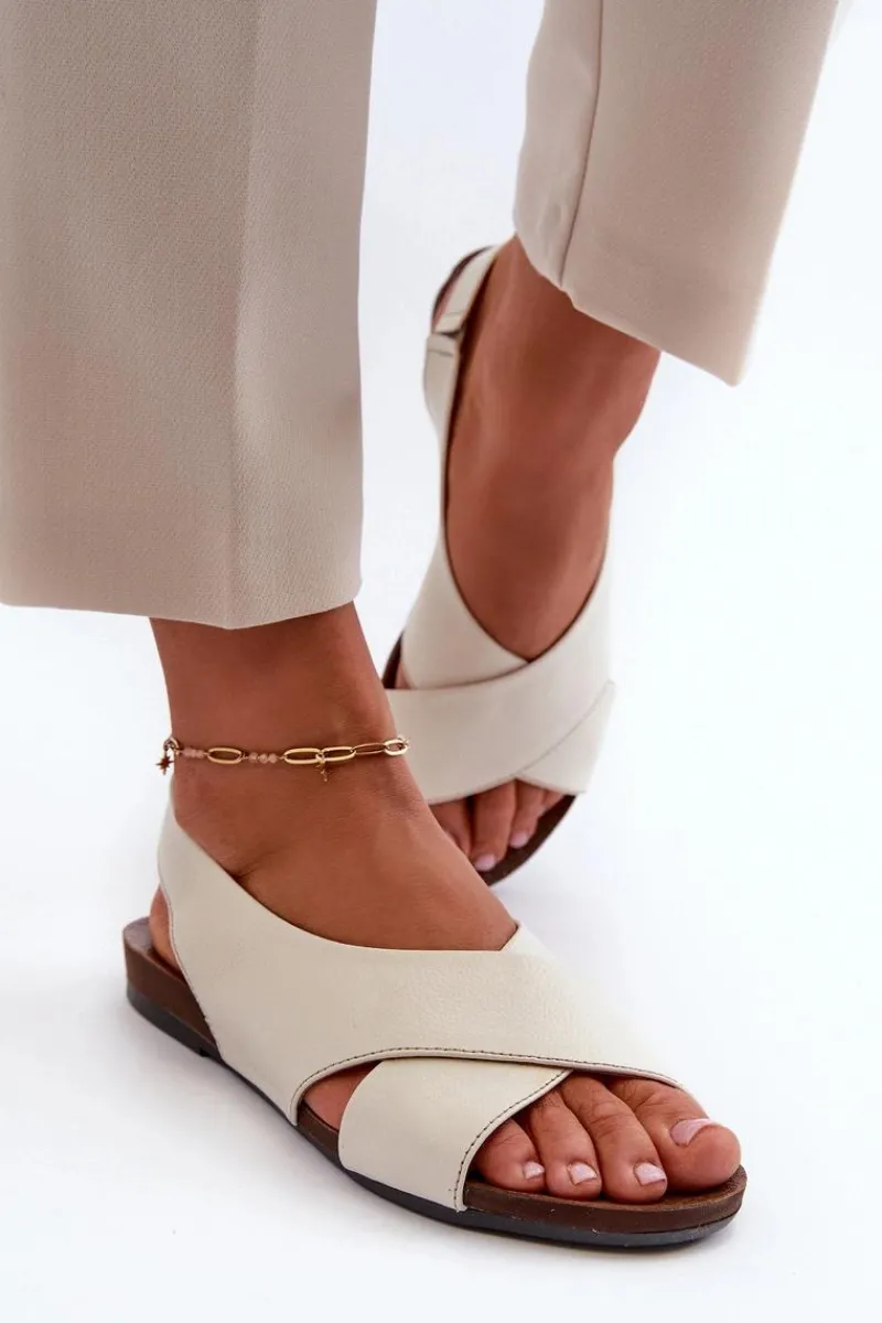 Sandały Płaskie>Zazoo 40407 Sandały Skórzane Damskie Jasnobeżowe Beżowy