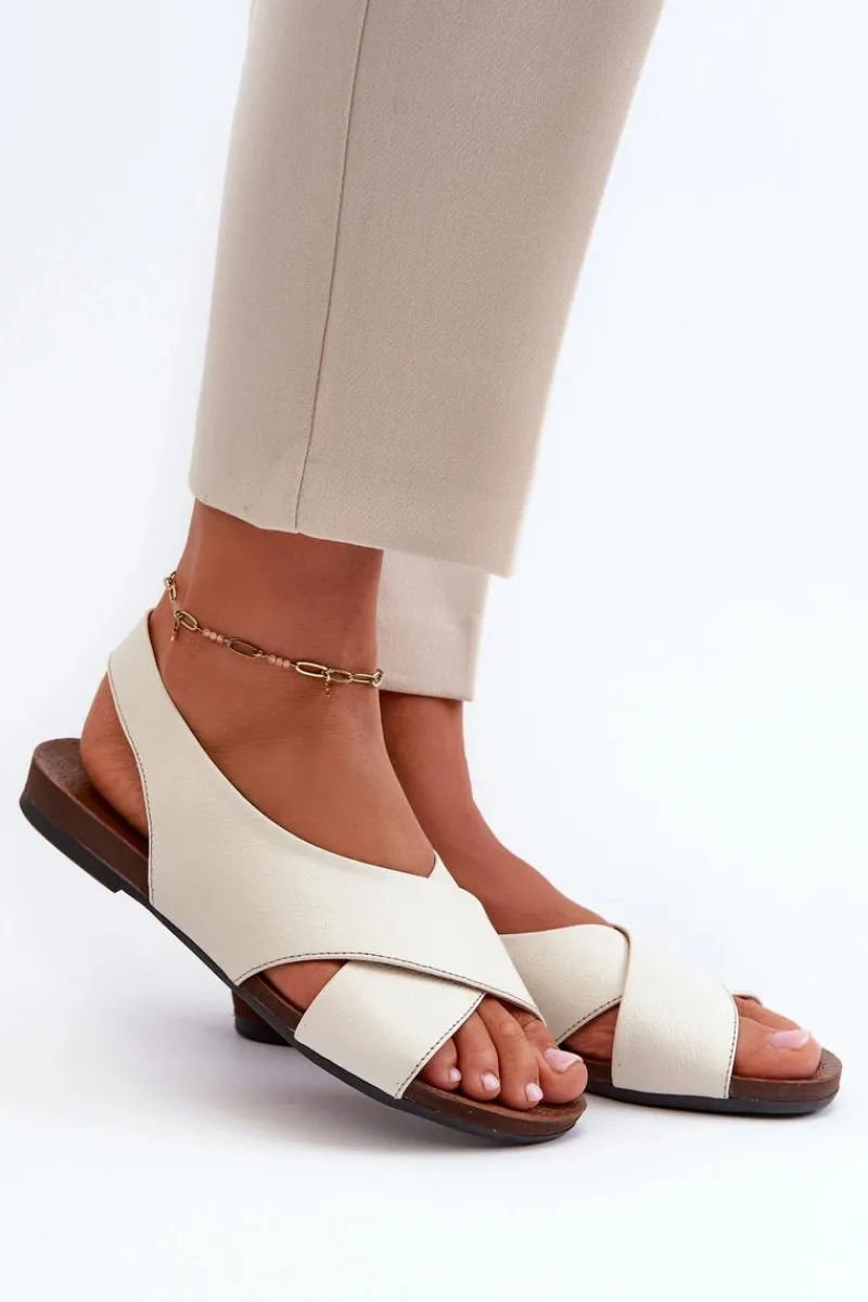 Sandały Płaskie>Zazoo 40407 Sandały Skórzane Damskie Jasnobeżowe Beżowy