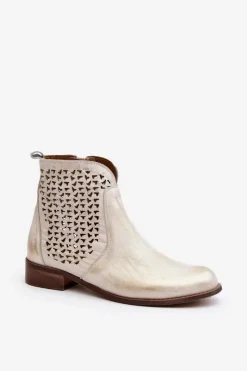 Botki Wiosenne|Botki Ażurowe>Zazoo 2791 Skórzane Ażurowe Botki Złote