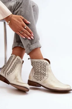 Botki Wiosenne|Botki Ażurowe>Zazoo 2791 Skórzane Ażurowe Botki Złote