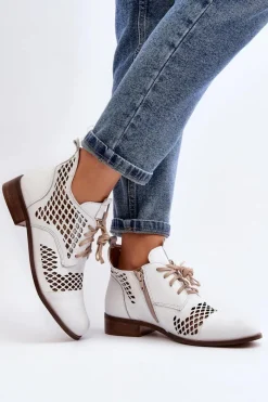 Online Zazoo 2704 Skórzane Ażurowe Botki Białe Biały
