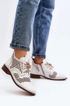 Online Zazoo 2704 Skórzane Ażurowe Botki Białe Biały