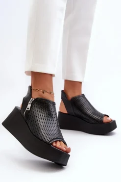 1792 Skórzane Ażurowe Sandały Na Koturnie Czarne Damskie Sandały Ażurowe|Sandały Na Obcasie