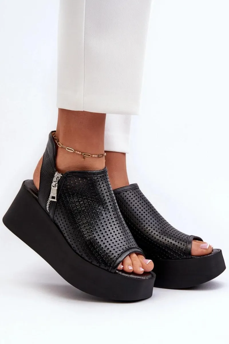 1792 Skórzane Ażurowe Sandały Na Koturnie Czarne Damskie Sandały Ażurowe|Sandały Na Obcasie