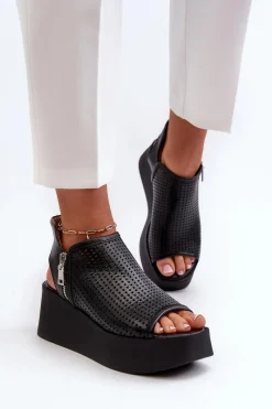 1792 Skórzane Ażurowe Sandały Na Koturnie Czarne Damskie Sandały Ażurowe|Sandały Na Obcasie