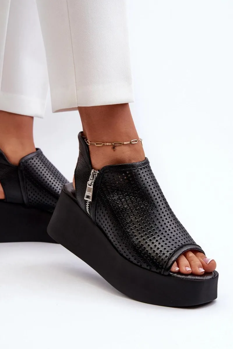 1792 Skórzane Ażurowe Sandały Na Koturnie Czarne Damskie Sandały Ażurowe|Sandały Na Obcasie