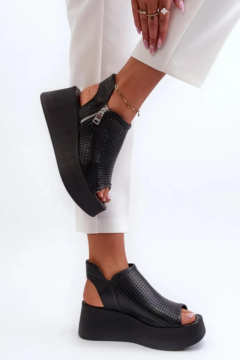 1792 Skórzane Ażurowe Sandały Na Koturnie Czarne Damskie Sandały Ażurowe|Sandały Na Obcasie