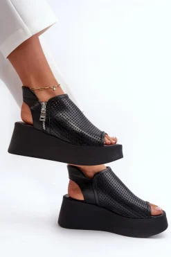 1792 Skórzane Ażurowe Sandały Na Koturnie Czarne Damskie Sandały Ażurowe|Sandały Na Obcasie