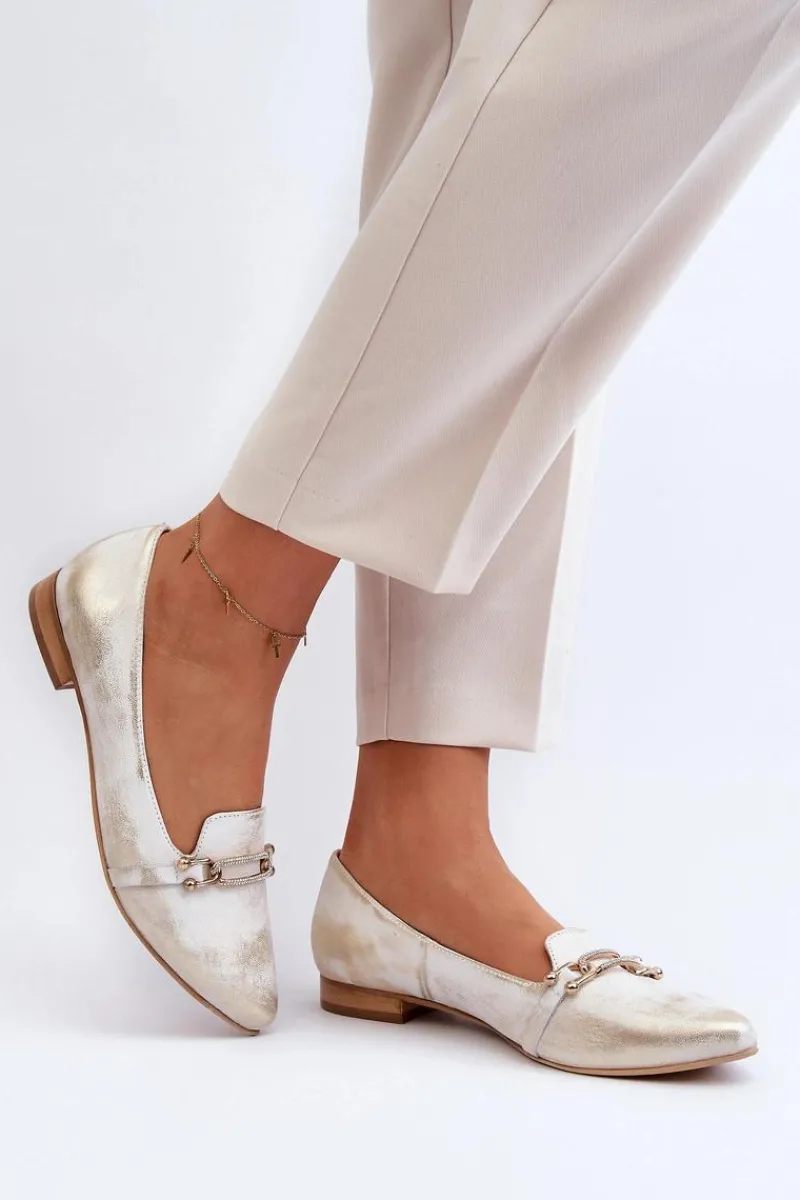 Baleriny Klasyczne>Zazoo 2885 Skórzane Baleriny Z Ozdobą Złoto-Białe