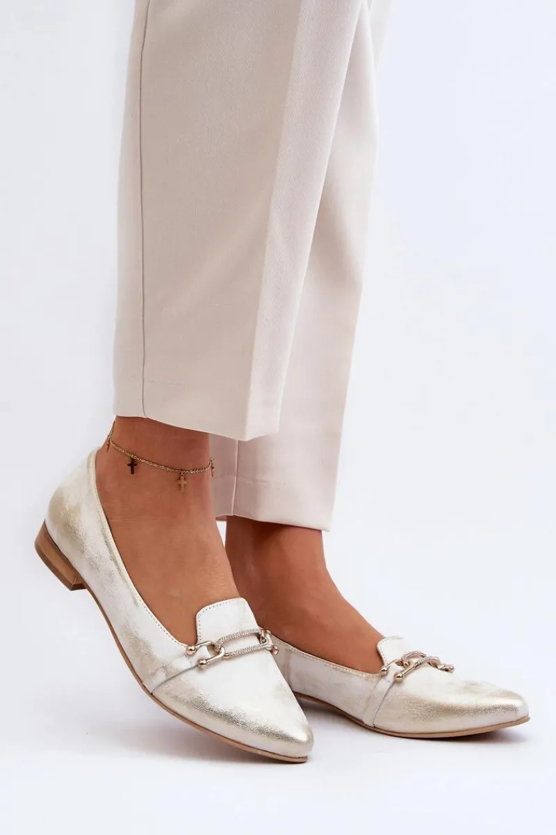 Baleriny Klasyczne>Zazoo 2885 Skórzane Baleriny Z Ozdobą Złoto-Białe