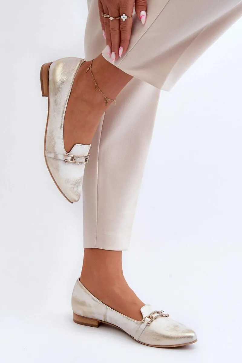 Baleriny Klasyczne>Zazoo 2885 Skórzane Baleriny Z Ozdobą Złoto-Białe