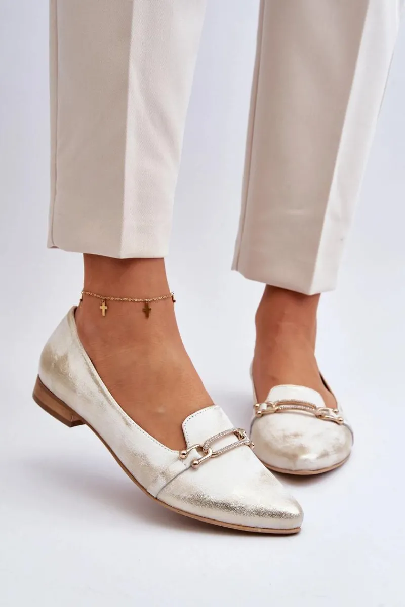 Baleriny Klasyczne>Zazoo 2885 Skórzane Baleriny Z Ozdobą Złoto-Białe