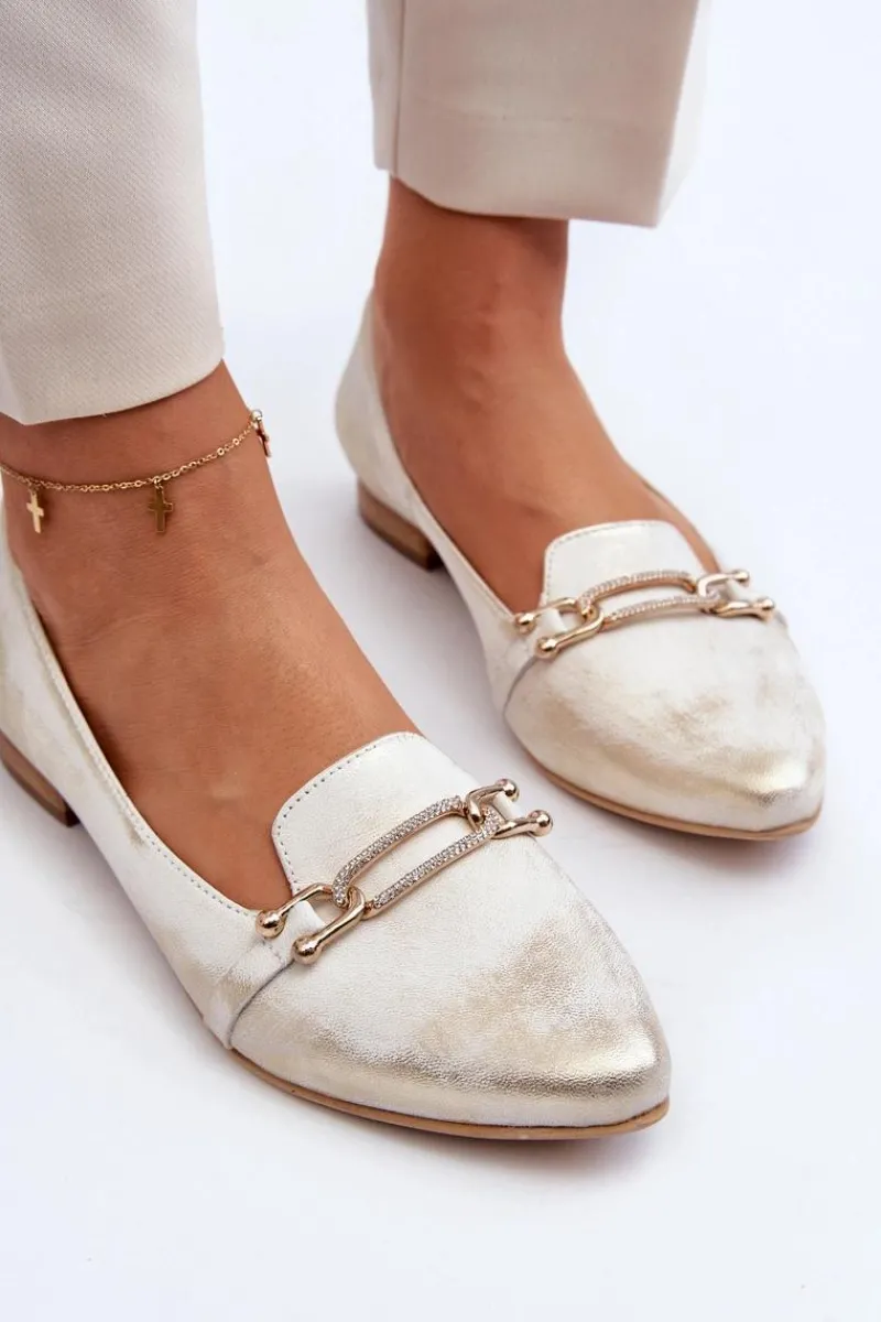 Baleriny Klasyczne>Zazoo 2885 Skórzane Baleriny Z Ozdobą Złoto-Białe