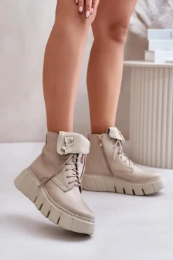 Clearance Zazoo 60511 Skórzane Botki Damskie Na Platformie Ocieplane Beżowe Beżowy