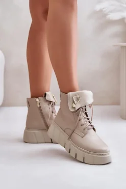 Clearance Zazoo 60511 Skórzane Botki Damskie Na Platformie Ocieplane Beżowe Beżowy