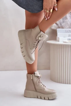 Clearance Zazoo 60511 Skórzane Botki Damskie Na Platformie Ocieplane Beżowe Beżowy