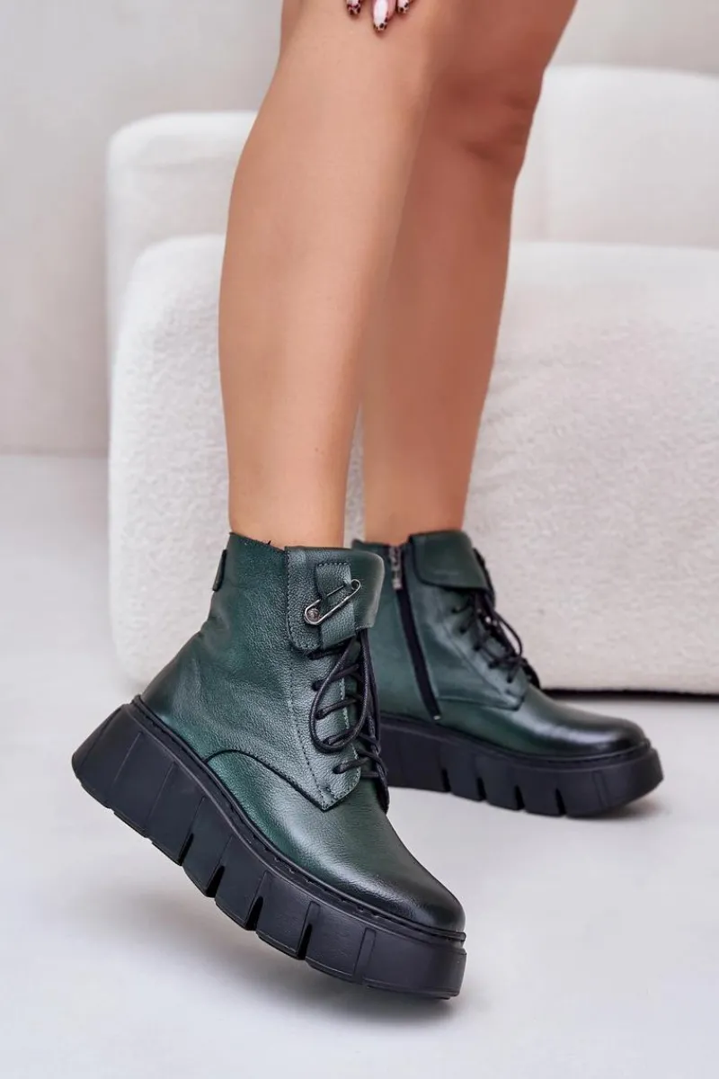 Botki Na Koturnie|Czarne Botki>Zazoo 60511 Skórzane Botki Damskie Na Platformie Ocieplane Ciemnozielone Zielony