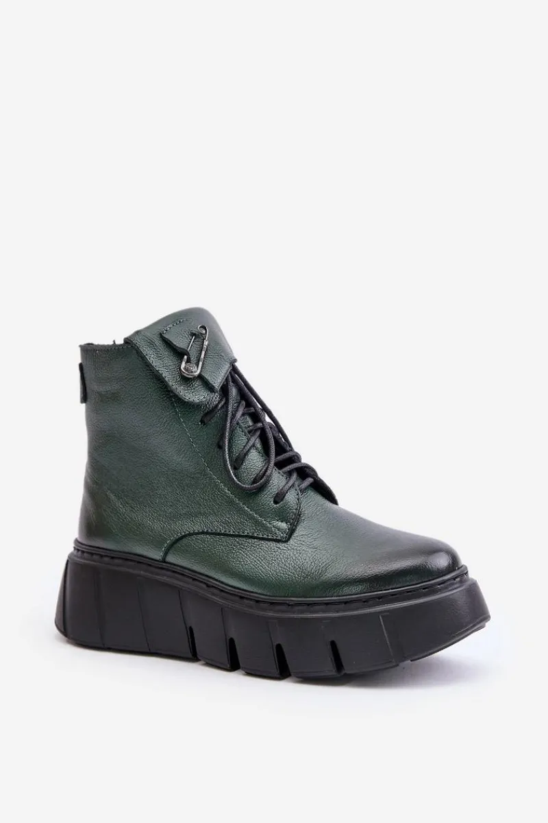 Botki Na Koturnie|Czarne Botki>Zazoo 60511 Skórzane Botki Damskie Na Platformie Ocieplane Ciemnozielone Zielony