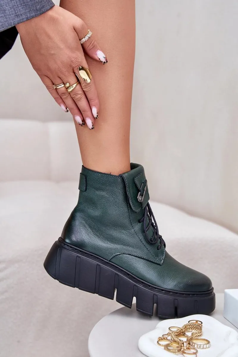 Botki Na Koturnie|Czarne Botki>Zazoo 60511 Skórzane Botki Damskie Na Platformie Ocieplane Ciemnozielone Zielony