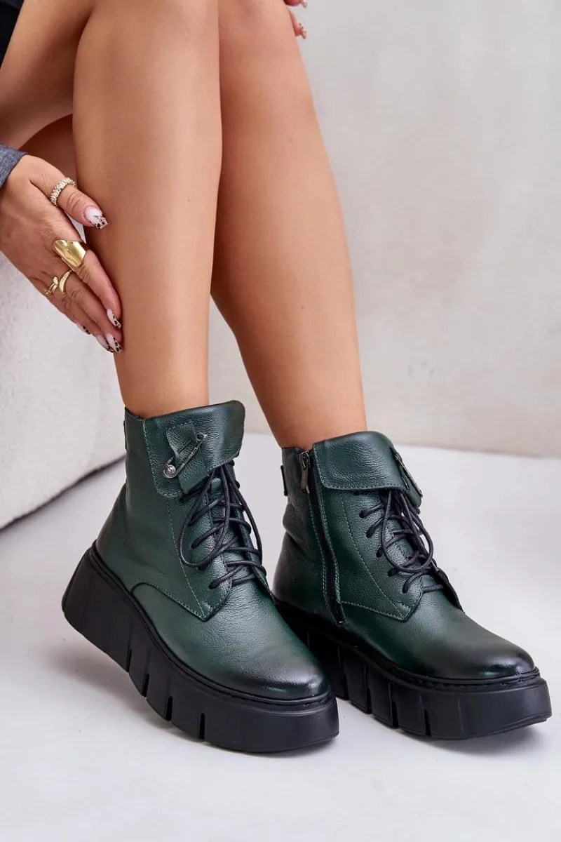 Botki Na Koturnie|Czarne Botki>Zazoo 60511 Skórzane Botki Damskie Na Platformie Ocieplane Ciemnozielone Zielony