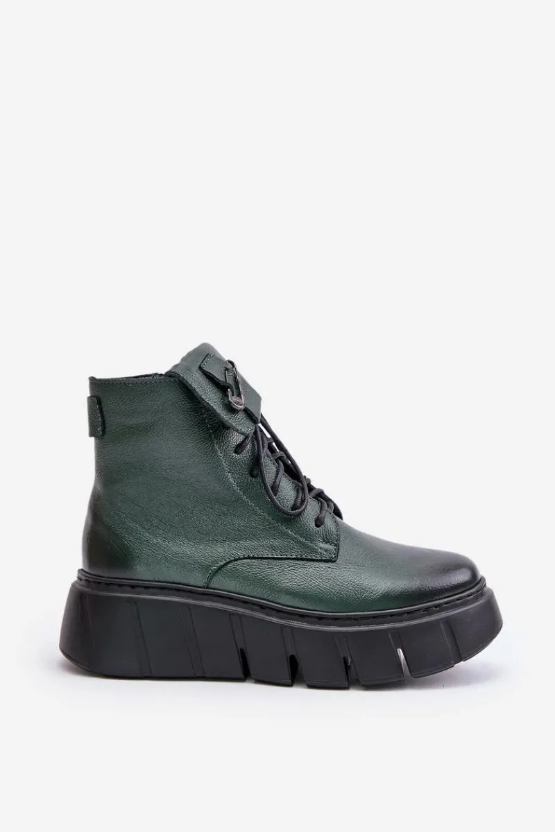Botki Na Koturnie|Czarne Botki>Zazoo 60511 Skórzane Botki Damskie Na Platformie Ocieplane Ciemnozielone Zielony