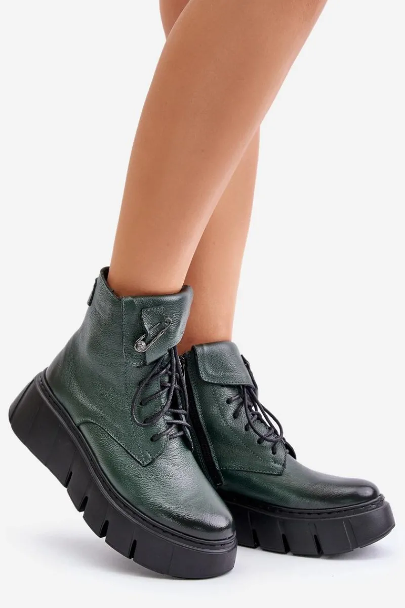 Botki Na Koturnie|Czarne Botki>Zazoo 60511 Skórzane Botki Damskie Na Platformie Ocieplane Ciemnozielone Zielony