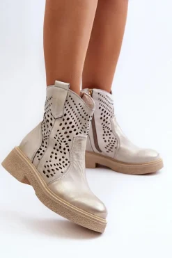 Botki Wiosenne|Botki Skórzane>Zazoo 3470 Skórzane Botki Damskie Na Płaskim Obcasie Ażurowe Złote Przecierane Złoty