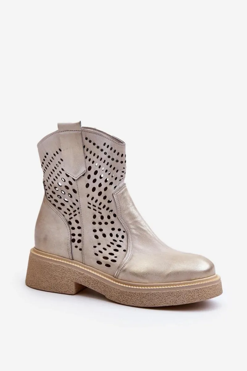 Botki Wiosenne|Botki Skórzane>Zazoo 3470 Skórzane Botki Damskie Na Płaskim Obcasie Ażurowe Złote Przecierane Złoty