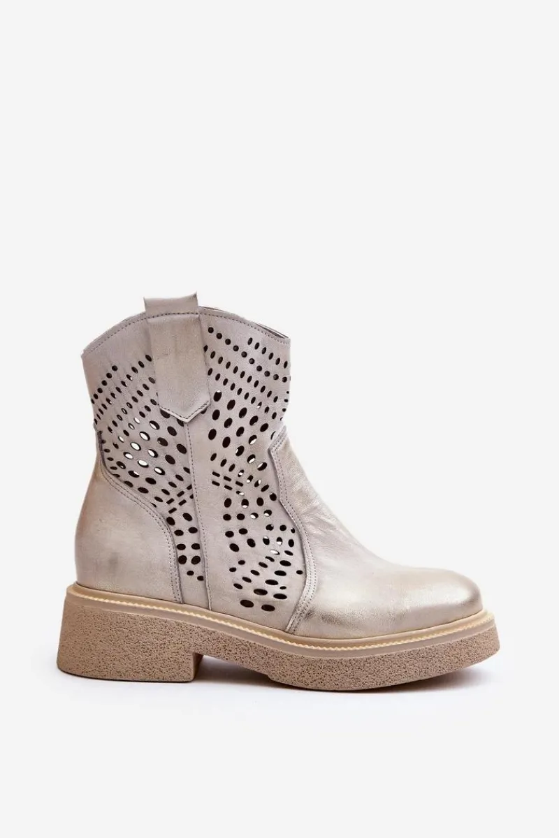 Botki Wiosenne|Botki Skórzane>Zazoo 3470 Skórzane Botki Damskie Na Płaskim Obcasie Ażurowe Złote Przecierane Złoty