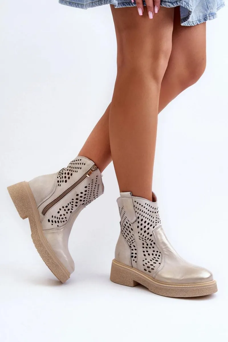 Botki Wiosenne|Botki Skórzane>Zazoo 3470 Skórzane Botki Damskie Na Płaskim Obcasie Ażurowe Złote Przecierane Złoty