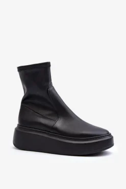 Botki Wiosenne|Botki Skórzane>Zazoo 3395 Skórzane Botki Damskie Na Masywnej Platformie Czarne