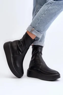 Botki Wiosenne|Botki Skórzane></noscript>Zazoo 3395 Skórzane Botki Damskie Na Masywnej Platformie Czarne