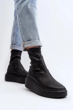 Botki Wiosenne|Botki Skórzane></noscript>Zazoo 3395 Skórzane Botki Damskie Na Masywnej Platformie Czarne