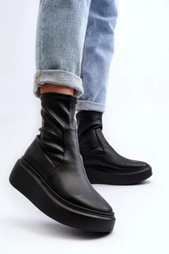Botki Wiosenne|Botki Skórzane></noscript>Zazoo 3395 Skórzane Botki Damskie Na Masywnej Platformie Czarne