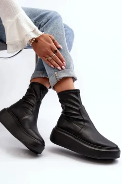 Botki Wiosenne|Botki Skórzane></noscript>Zazoo 3395 Skórzane Botki Damskie Na Masywnej Platformie Czarne