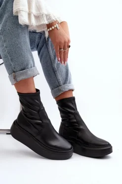 Botki Wiosenne|Botki Skórzane></noscript>Zazoo 3395 Skórzane Botki Damskie Na Masywnej Platformie Czarne