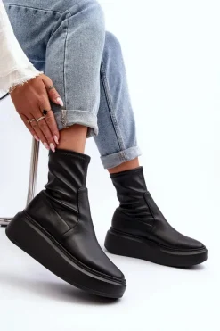 Botki Wiosenne|Botki Skórzane></noscript>Zazoo 3395 Skórzane Botki Damskie Na Masywnej Platformie Czarne