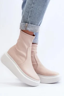 3395 Skórzane Botki Damskie Na Masywnej Platformie Beżowe Damskie Botki Wiosenne|Botki Skórzane