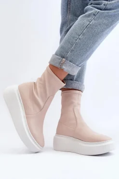 3395 Skórzane Botki Damskie Na Masywnej Platformie Beżowe Damskie Botki Wiosenne|Botki Skórzane