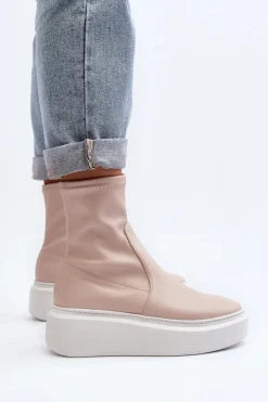 3395 Skórzane Botki Damskie Na Masywnej Platformie Beżowe Damskie Botki Wiosenne|Botki Skórzane