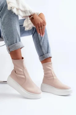 3395 Skórzane Botki Damskie Na Masywnej Platformie Beżowe Damskie Botki Wiosenne|Botki Skórzane